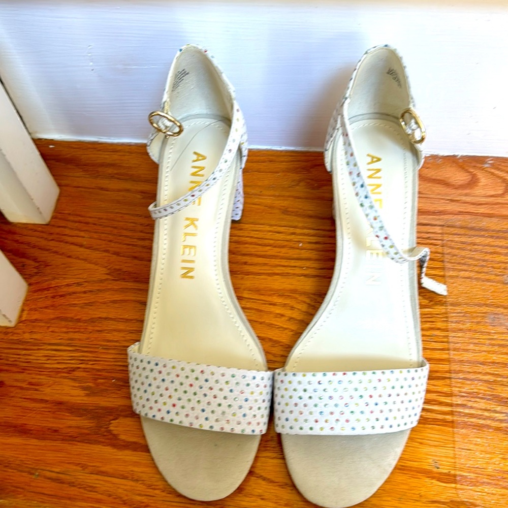 AK Leather upper white sandals with multi pastel color dots. Retro 2in heels.